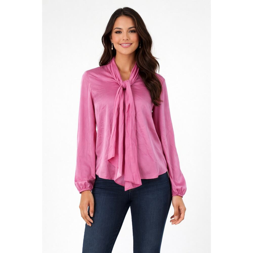 Bar III Womens Tie Neck Blouse Long Sleeve Elastic Cuffs Size XS Pink Orchid NWT